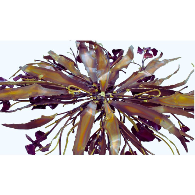 1970s Vintage Metal Wall Sculpture Signed Stephen Vat Brass With Purple Flowers Brutalist 1970's Indoor or Outdoor For Sale - Image 5 of 5