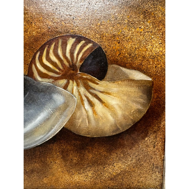 Vintage Coastal Nautilus Shells Realism Original Oil Framed Painting in Silver, Brown, Camel For Sale - Image 9 of 12