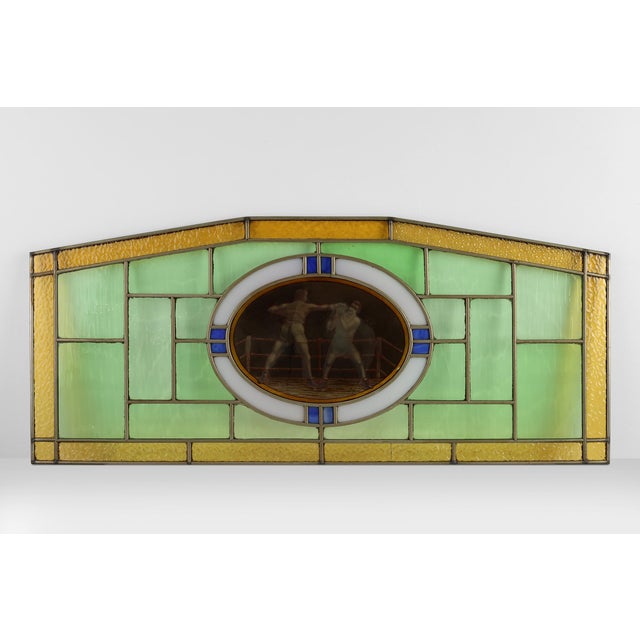 Glass Art Deco Stained Glass Panel Depicting a Boxing Match, Belgium, 1910s For Sale - Image 7 of 11
