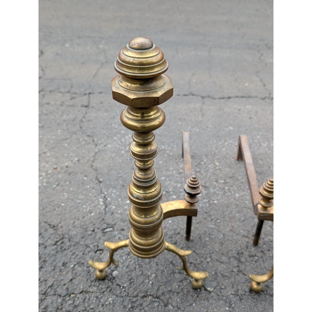 American Vintage Heavy Brass Beehive Style Andirons - A Pair For Sale - Image 3 of 7