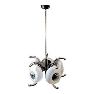 Goffredo Reggiani Style Italian Opaline Glass and Steel Chandelier For Sale