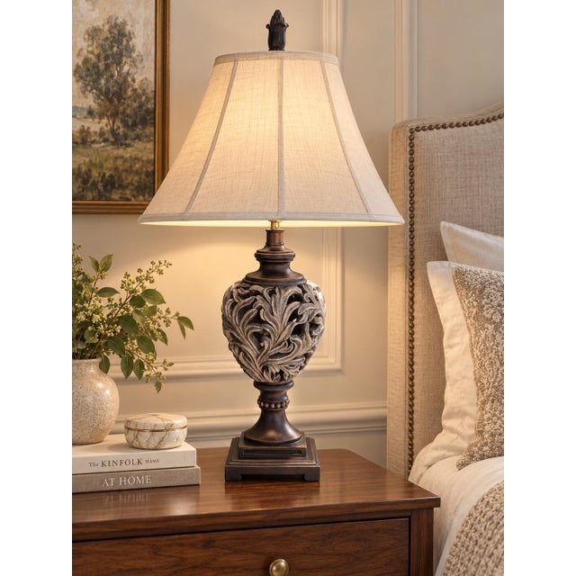 Late 20th Century Vintage Transitional Pierced Acanthus Urn Table Lamp With Natural Linen Shade For Sale - Image 5 of 6