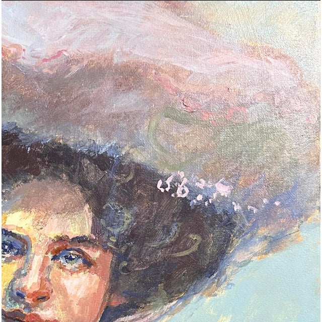 Vintage Painting of an Edwardian Woman With Hat & Scarf For Sale - Image 4 of 9