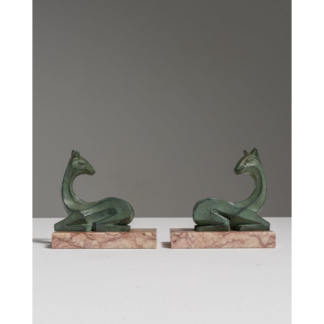 Pair of 1920s French Forest Green Art Deco Signed Figures on Marble Bases For Sale - Image 14 of 15