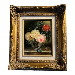 1980’s Original Impressionist Floral Still Life Painting Fancy French Style Frame For Sale