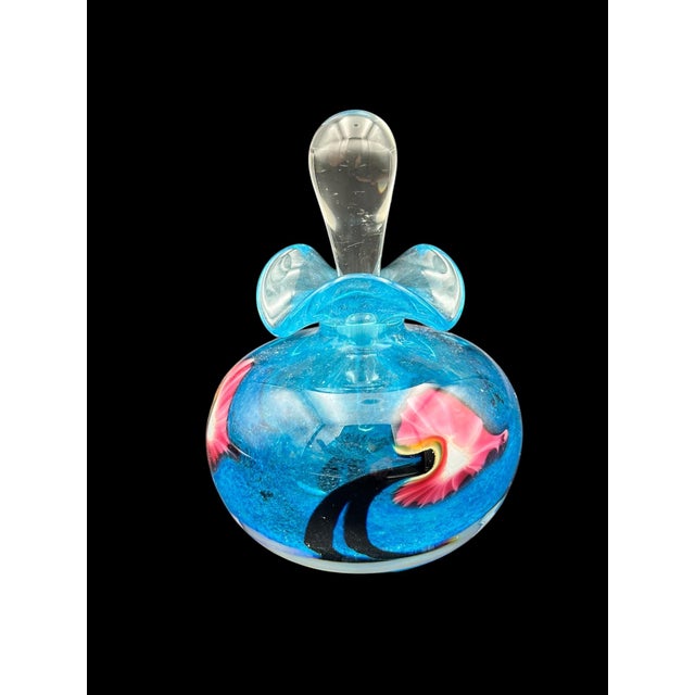 Blue Signed Hand‑Blown Studio Art Glass Perfume Bottle – Blue Swirl With Clear Stopper For Sale - Image 8 of 9