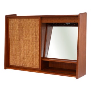 Danish Teak and Cane Wall-Mounted Vanity Cabinet with Mirror, 1960s For Sale