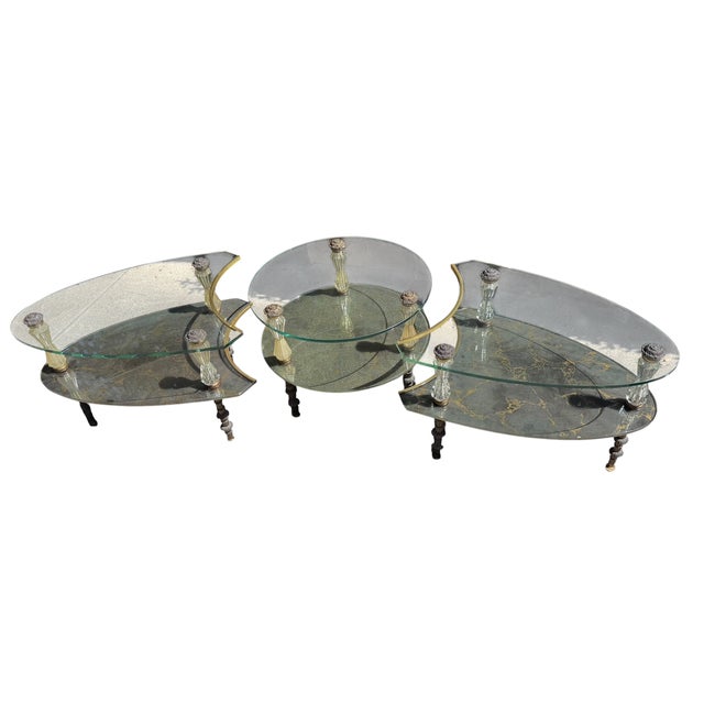 Hollywood Regency Hollywood Regency Goran 3 Part Glass & Marble Cocktail Table For Sale - Image 3 of 6