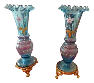 Vases in Painted Blue Glass and Bronze, Set of 2