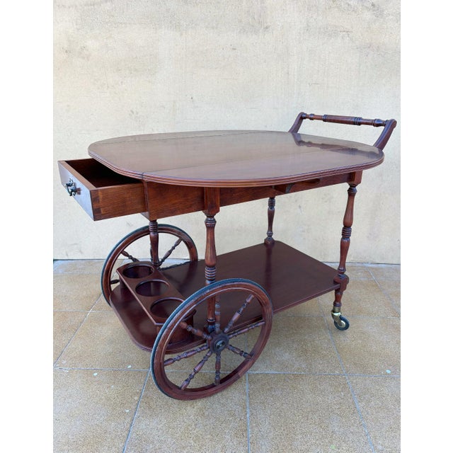 Wood Vintage Wood Bar Cart with Spoked Wheels and Drawer, 1950s For Sale - Image 7 of 11