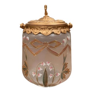 Early 20th Century Spelter and Hand Painted Frosted Glass Candy Jar With Lid For Sale