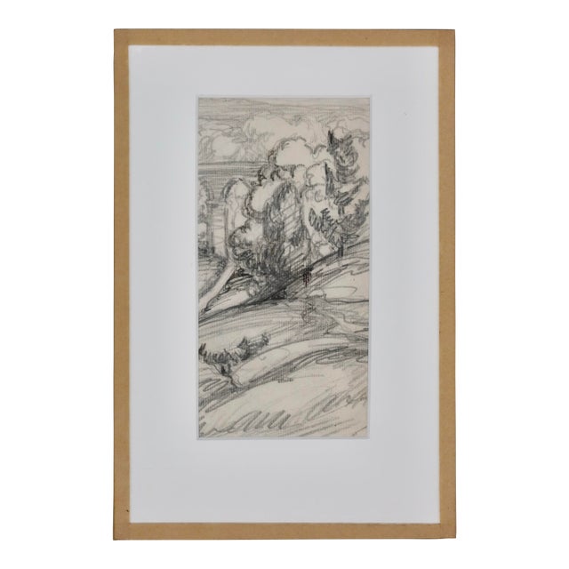 Vintage French Pencil Drawing — Provençal Landscape, Aix-en-Provence, 1950 For Sale