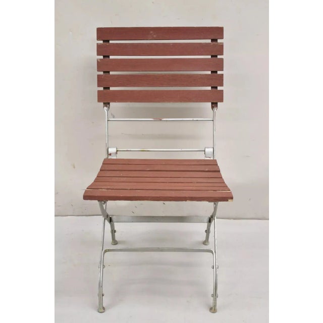 French Country Late 20th Century French Country Style Wood Slat Iron Frame Folding Garden Chairs - Set of 4 For Sale - Image 3 of 12