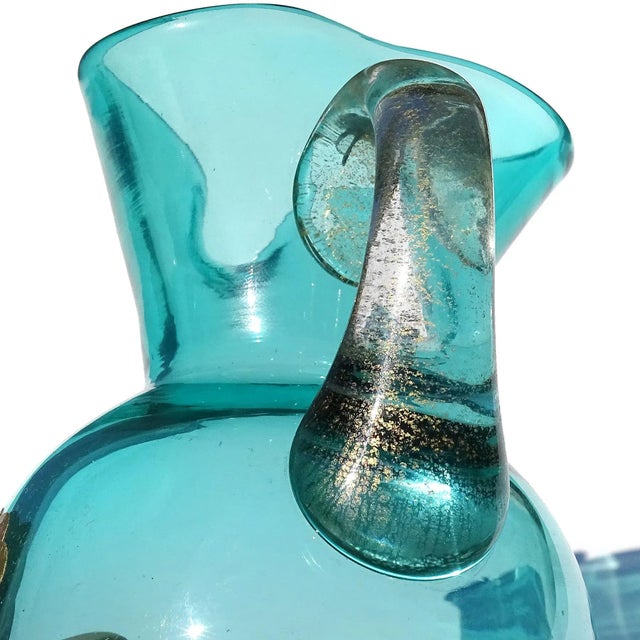 Mid 20th Century Barbini Murano Vintage Aqua Blue Gold Flecks Handle Italian Art Glass Midcentury Pitcher Flower Vase For Sale - Image 5 of 5