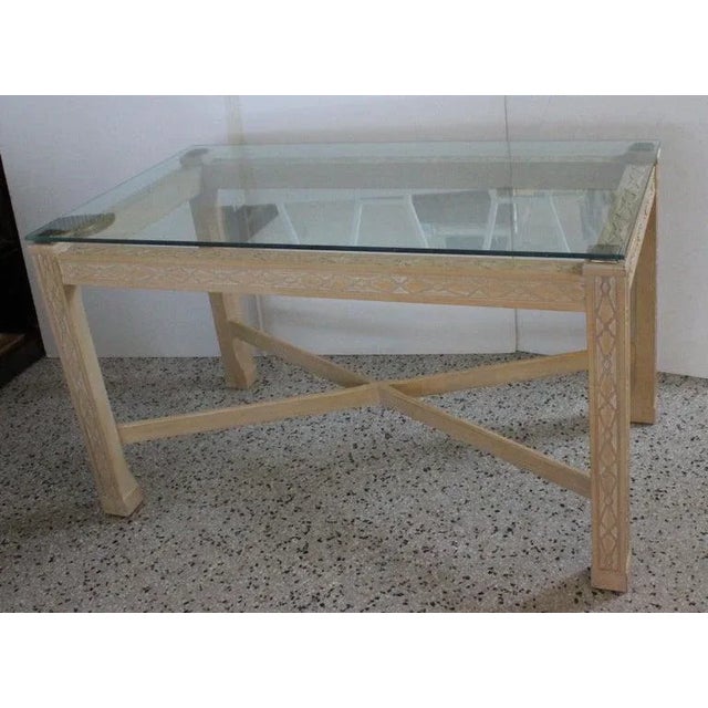 Modern 1980s Henredon Desk Writing Table Stylized Chippendale Fretwork Floating Glass Top Marborough Legs With Brass Caps For Sale - Image 3 of 13