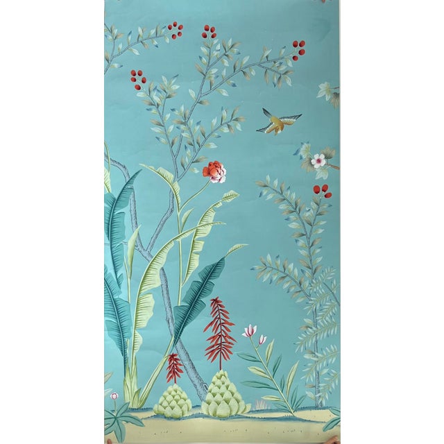 Chinoiserie Hand Painted Teal Tropical Chinoiserie Jungle Monkey Floral Mural 4-Panel Set For Sale - Image 3 of 6