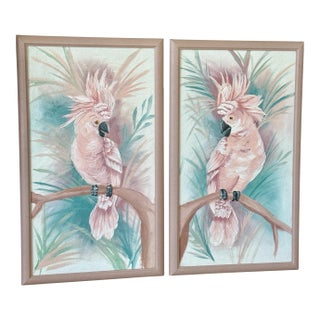Pair of Vintage Tropical Coastal Regency Cockatoo Paintings in Original Textured Mauve Frames For Sale