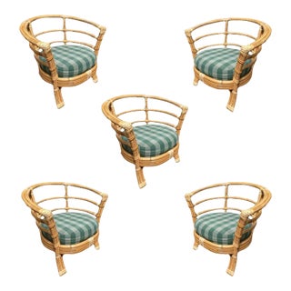 1950s Restored Rattan Barrel Armchair With Skeleton Arms, Set of 5 For Sale