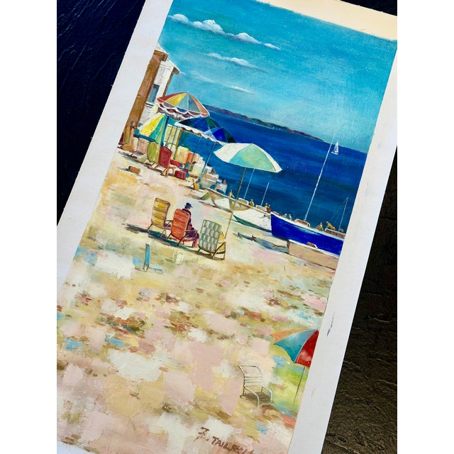 2020s Coastal Beach Scene With Umbrellas & Boats – Original Vertical Painting by Tailroy, Unstretched (12.5" X 25") For Sale - Image 5 of 5