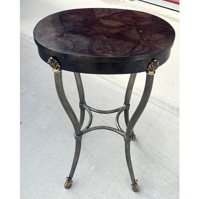 Ethan Allen Regency Style Faux Tessellated Horn Oval Side Table featuring and oval dark brown patterned top, a patinated...