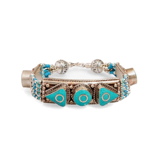 Nepal Design Turquoise & Silver Bohemian Bracelet For Sale In Miami - Image 6 of 6