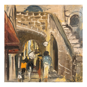 Shaul VictorIsraeli Judaica Oil Painting, Street Scene Jerusalem or Safed