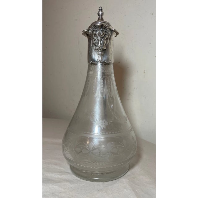 Victorian Antique 1800's Ornate Silverplate Etched Crystal Glass Wine Claret Decanter For Sale - Image 3 of 13