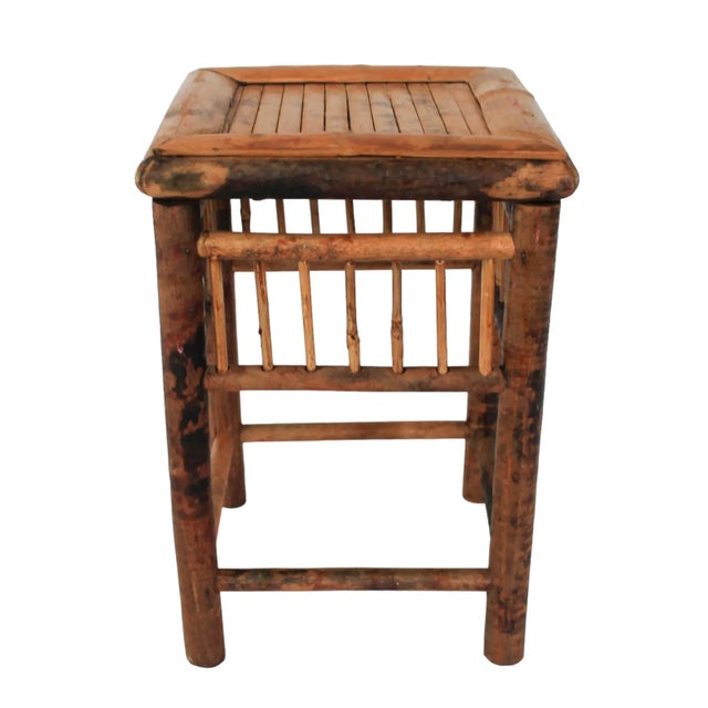 Mid-Century bamboo and rattan square plant or pedestal stand with reeded top No makers mark. Some age wear. Pictured.