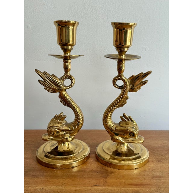 20th Century Brass Dolphin Neoclassical Candle Holders - A Pair For Sale - Image 11 of 11