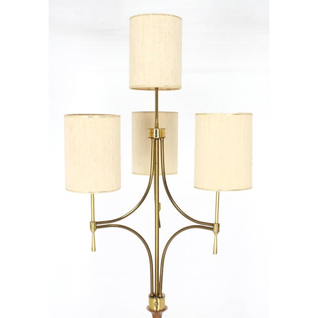 Metal Mid Century Modern Walnut Brass Floor Lamp Round Marble Top Side Table Torchere For Sale - Image 7 of 10