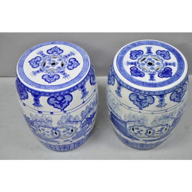 Chinoiserie Vintage Chinese Oriental Blue & White Porcelain Garden Drum Seat Table - A Pair For Sale - Image 3 of 9