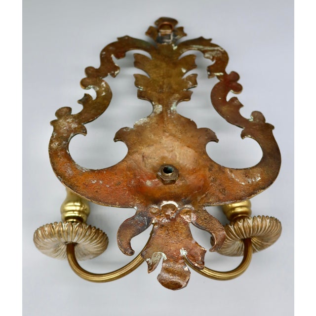Pair of Solid Brass Two-Arm Rococo Revival Candle Wall Sconces With Acanthus Leaf Backplate, Early 20th Century For Sale - Image 11 of 15