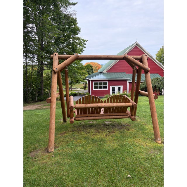 Rustic Rustic Log Wood Adirondack-Style Double Outdoor Swing With Frame For Sale - Image 3 of 3