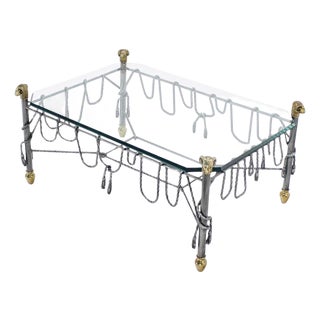 Ornate Wrought Iron Brass Ram Head Motive Glass Top Rectangle Coffee Table For Sale