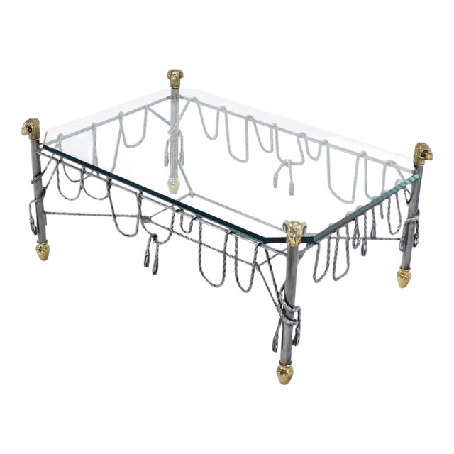 Ornate Wrought Iron Brass Ram Head Motive Glass Top Rectangle Coffee Table For Sale