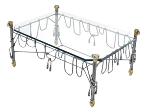 Ornate Wrought Iron Brass Ram Head Motive Glass Top Rectangle Coffee Table