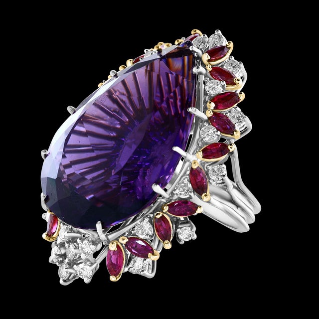 Arts & Crafts 32X23 MM PEAR Amethyst , Diamond & Ruby 14 Kt Yellow Gold Cocktail Ring, 1960's For Sale - Image 3 of 18