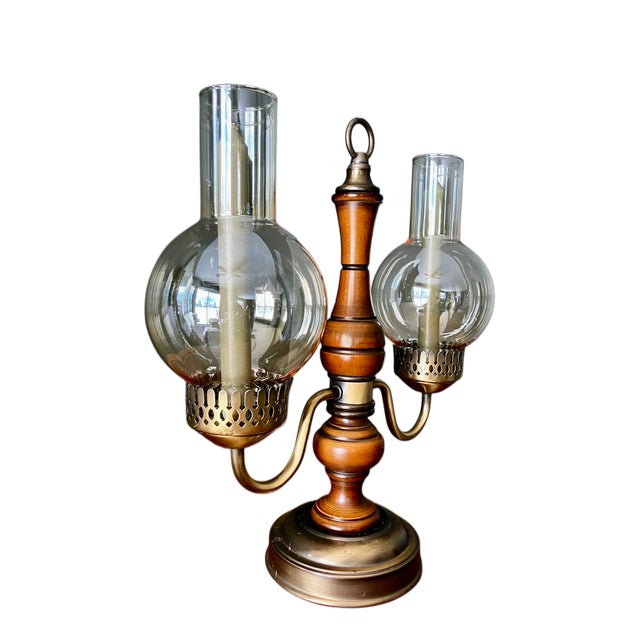 Vintage Brass and Wood Candelabra With Two Hurricane Glass Shades For Sale - Image 4 of 18
