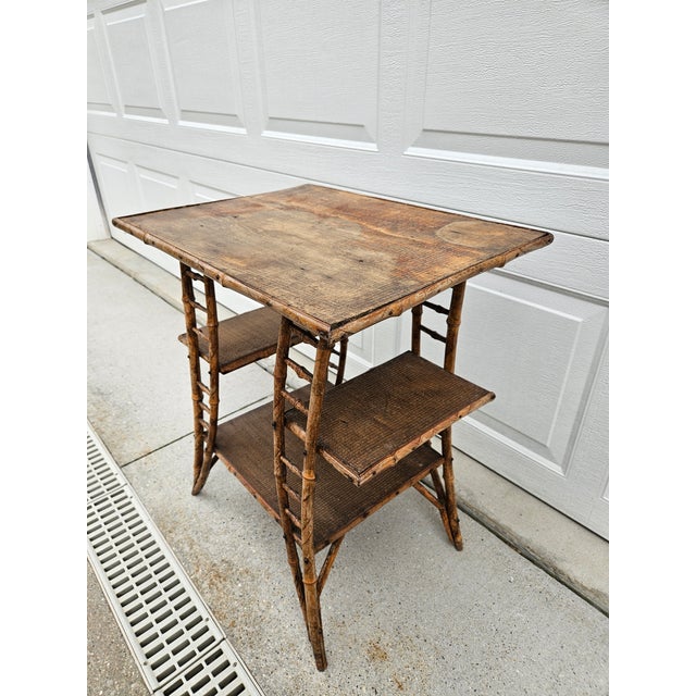 Weathered Burnt Bamboo Reed Side Table Plant Stand For Sale - Image 6 of 14