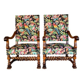 Antique Louis XIII and Renaissance Walnut Armchairs with Parrot Upholstery, 1890s, Set of 2 For Sale