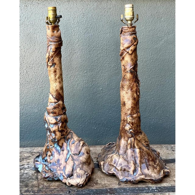 Vintage Hand Made Faux Bois Ceramic Lamps - A Pair For Sale - Image 11 of 12