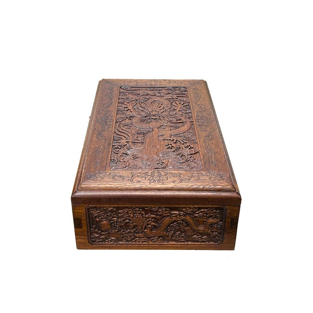 Asian Oriental Cloud Scroll Dragons Relief Motif Treasure Chest Box For Sale - Image 3 of 10