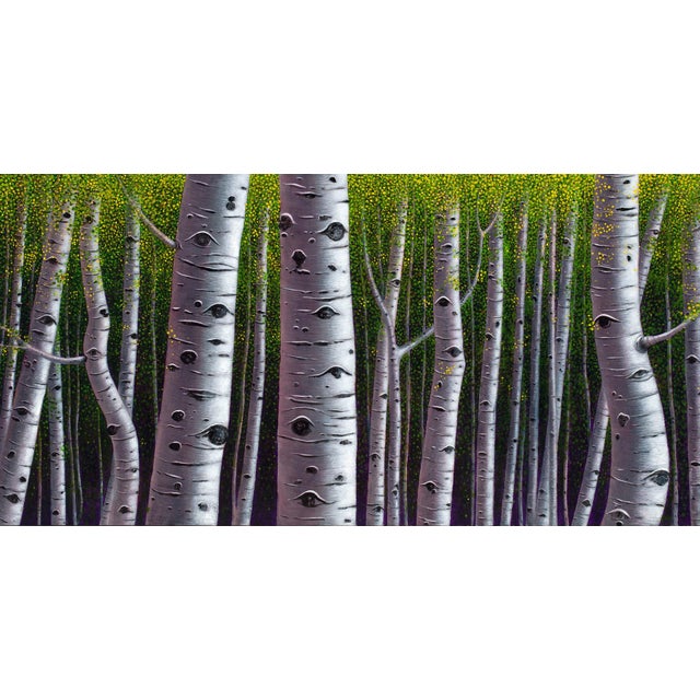 In "Deep Forest," tall, slender trees dominate the composition, their textured bark rendered in striking shades of gray...