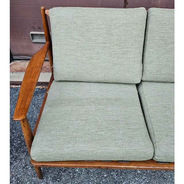 Army Green Two-Piece Mid-Century Teak Sofa With New Sage Green Upholstery For Sale - Image 8 of 11