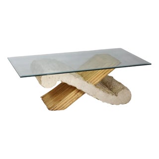 Vintage Travertine and Bamboo Coffee Table, 1970s For Sale