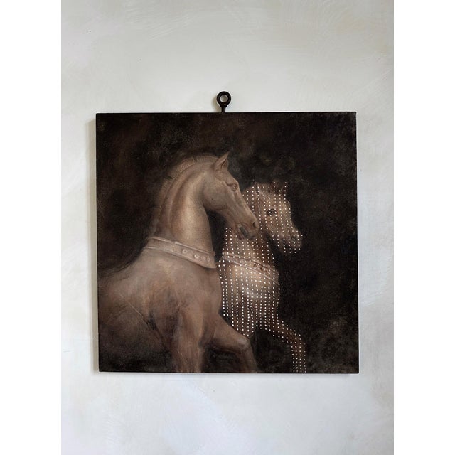 This artwork features two horse figures, one rendered in a rich, earthy palette, while the other appears as a ghostly...