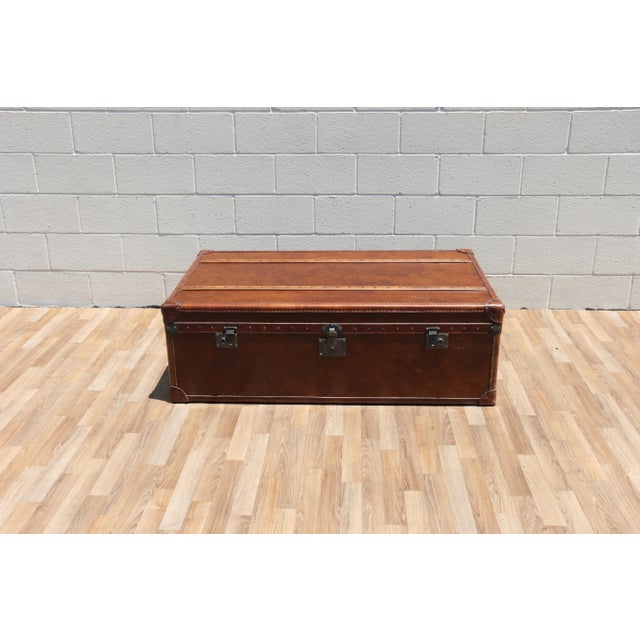 Campaign Restoration Hardware Vintage Leather Trunk Coffee Table | Campaign Style Storage Chest Cocktail Table For Sale - Image 3 of 18