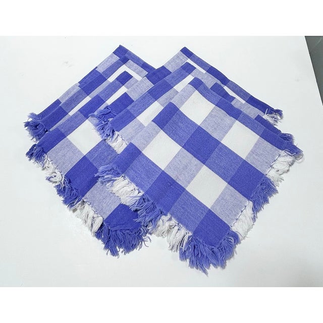 Vintage Blue & White Gingham Fringe Napkins – Set of 6 - 16” Cotton Picnic / Coastal Tabletop For Sale - Image 4 of 8