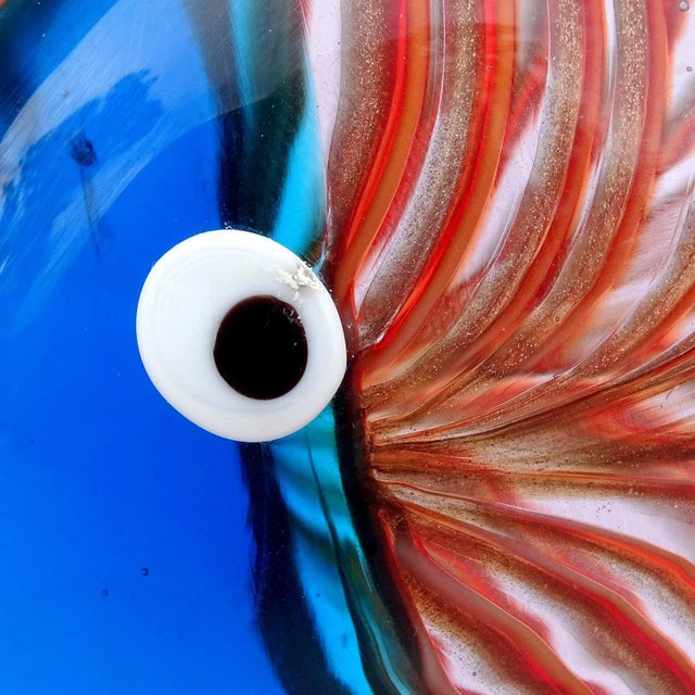 Glass Murano Vintage Sommerso Blue Orange Aventurine Fenicio Pattern Italian Art Glass Fish Paperweight Figurine For Sale - Image 7 of 9