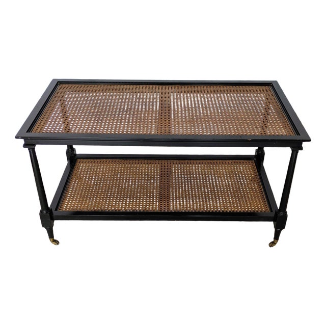 Vintage British Colonial Style Two-Tier Caned Coffee Table For Sale